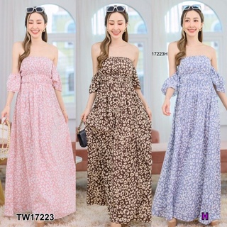 TW17223 ชุดเดรสยาวปาดไหล่ ลายสวยๆ เสื้อผ้าผู้หญิงน่ารักๆ สีเทา ชมพู น้ำตาล