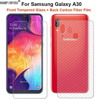 สําหรับ Samsung Galaxy A30 / A30s 6.4 นิ้ว 1 ชุด = สติกเกอร์ฟิล์มคาร์บอนไฟเบอร์ด้านหลัง + กระจกนิรภัยใส ป้องกันหน้าจอ ด้านหน้า