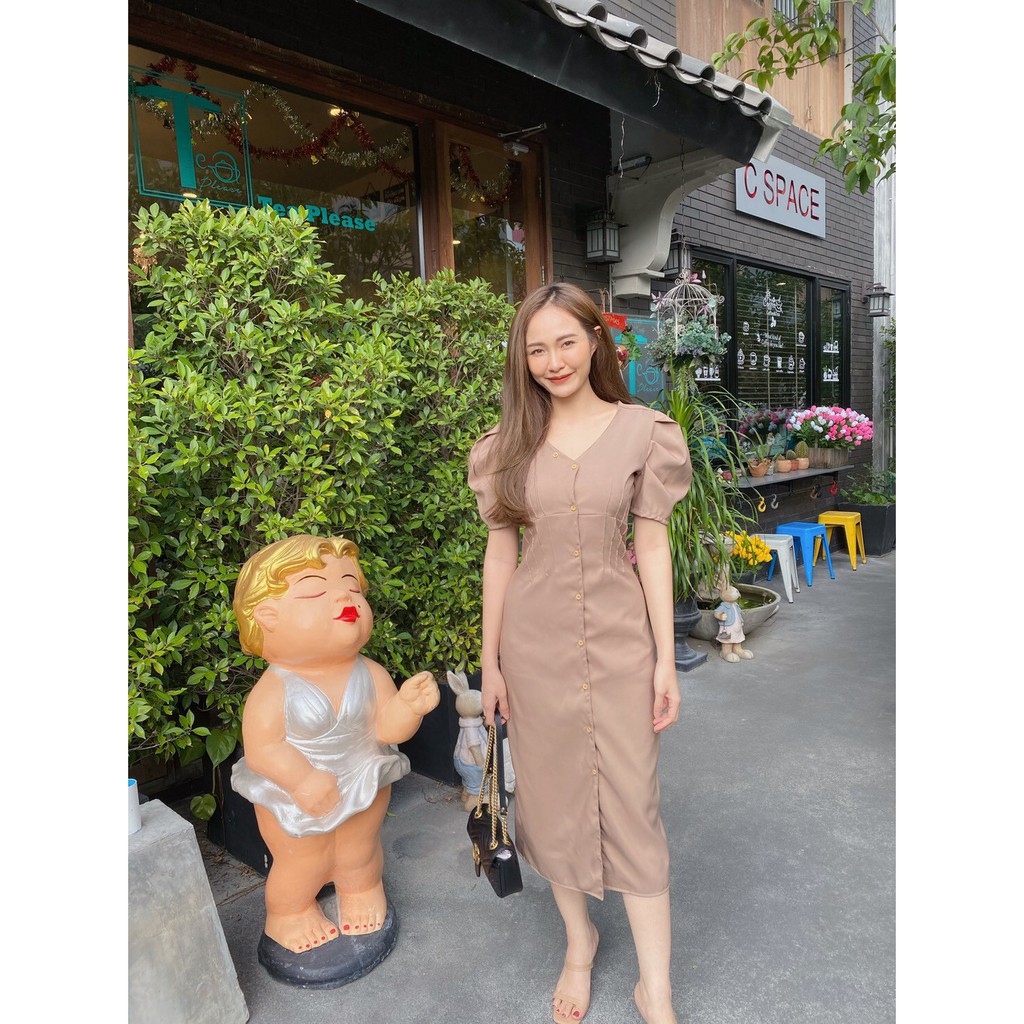 AL911  เดรสยาว กระดุมหน้า แขนจับจีบตุ๊กตา จีบเอวด้านหน้าใส่แล้วเอวsมากค้า สมอคหลัง