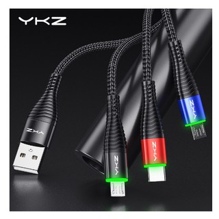 🛒YKZ⭐ สายชาร์จ MicroUSB  3A มีไฟ+LED  ชาร์จโทรศัพท์มือถือ Android วัสดุคุณภาพดี ของแท้100%สายดี สายชาจ สายชาท สายชาด