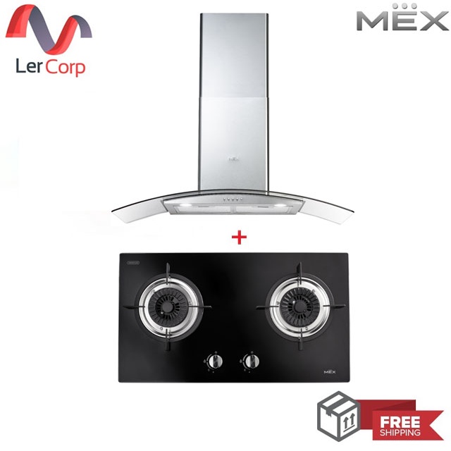 [0% 10 เดือน] (MEX) เตาแก๊สฐานกระจก ขนาด 71 ซม. 2 หัวแก๊ส V712M + เครื่องดูดควันกระโจมกระจกโค้ง 90 ซม. KV7239X90