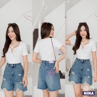 👖NN-ST🌟 6503 งานกางเกงยีนส์ขาสั้นสามส่วนเอวสูง ปรี๊ด ผ้าไม่ยืด  แต่งขาด มาพร้อมกับงานปัก น่ารัก ๆๆ