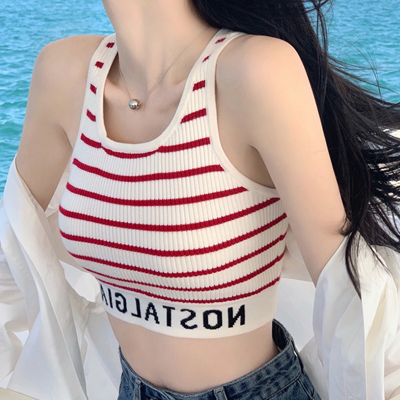 เสื้อสปอร์ตบรา ผ้าถัก ลายขวาง แบบนิ่ม แฟชั่นสําหรับผู้หญิง
