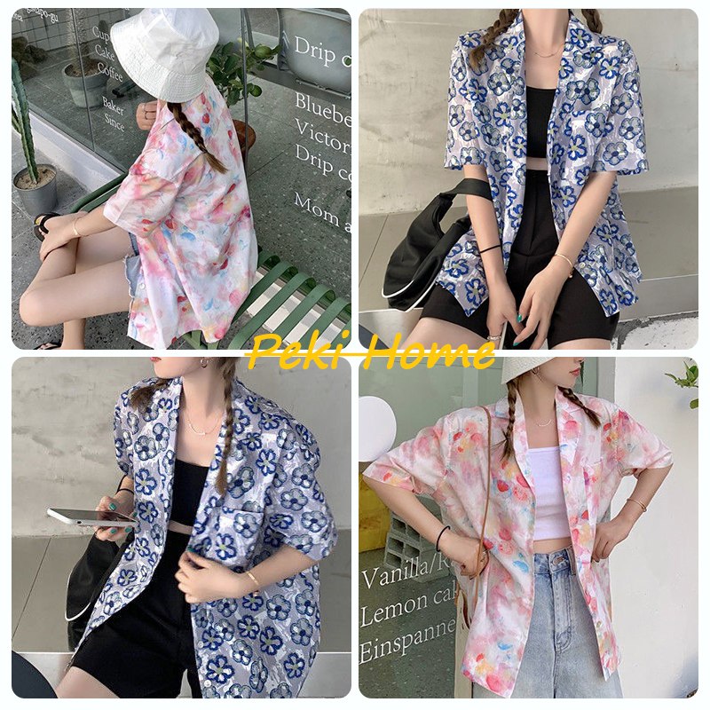 เสื้อฮาวายDX-1433 เสื้อฮาวายลายดอกไม้แฟชั่นแขนหล่อหลวมฤดูร้อน เสื้อ สงกรานต์ ผู้หญิง