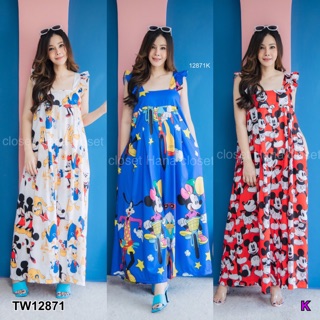 ❤️ TW12871 Jumpsuit #สาวอวบ จั๊มสูทสายเดี่ยวแต่งระบาย คอเหลี่ยม ทรงปล่อย มีกระเป๋าล้วงข้างลำตัว ผ้าเปเปอร์ปริ้น