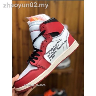 ❂✇OFF-WHITE x Nike Air Jordan 1 Retro High OG Chicago Black Red White AJ1 รองเท้าบาสเก็ตบอล AA3834-101