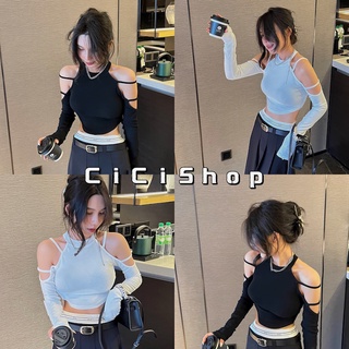 Cicishop(J263)เสื้อครอปแขนยาวเปิดไหล่ คอปืน ดีเทลสายคล้องแขนผ้าบาง ใส่สบายมาก  Y2k เบาๆ มีสไตล์สุด