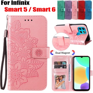 Infinix เคสโทรศัพท์มือถือหนัง PU ฝาพับแม่เหล็ก ลายดอกไม้ 3D กันเหงื่อ พร้อมช่องใส่บัตร สําหรับ Infinix Smart 6 Smart 5 Smart6 X6511B X6511 Smart5 X688C X657 X657C