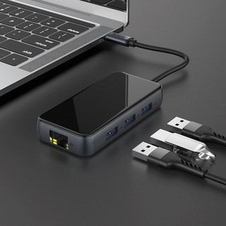 6in1ตัวเพิ่มช่องสำหรับType-C to USB 3.0*3ช่อง + HDMI + PD + RJ45 สำหรับเชื่อมต่อคอมพิวเตอร์ โน้ตบุค Hoco HB16