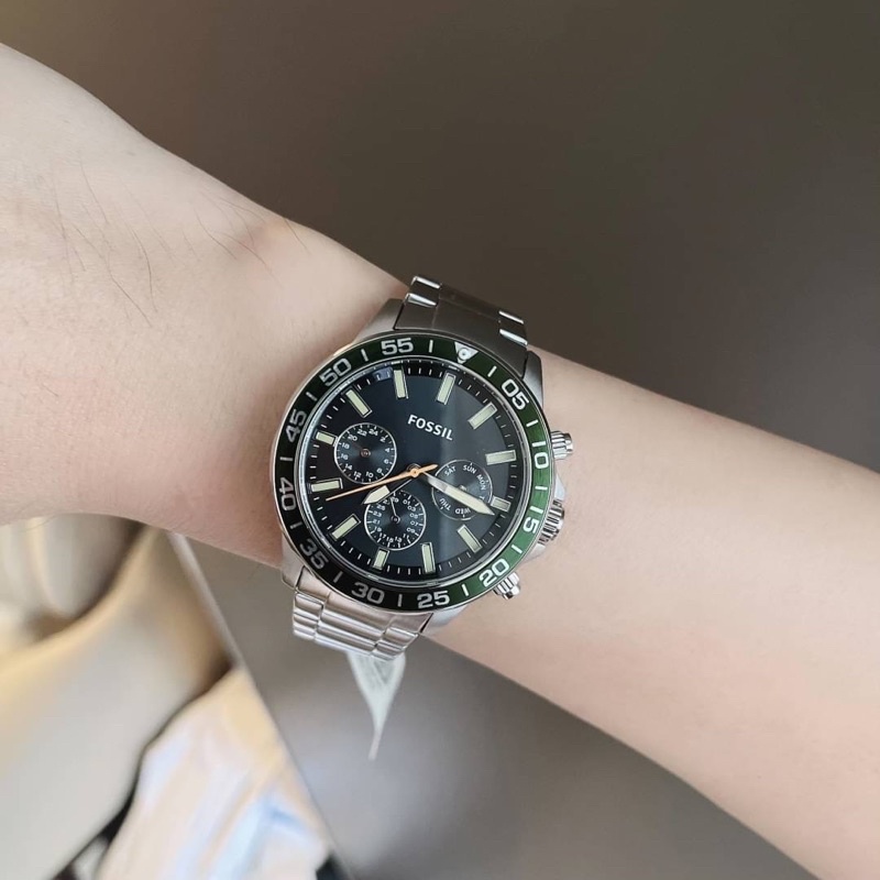 🎀 (สด-ผ่อน) นาฬิกา สีเงินขอบเขียว หน้าปัดดำ 45mm Fossil BQ2625 Bannon Multifunction Stainless Steel Watch