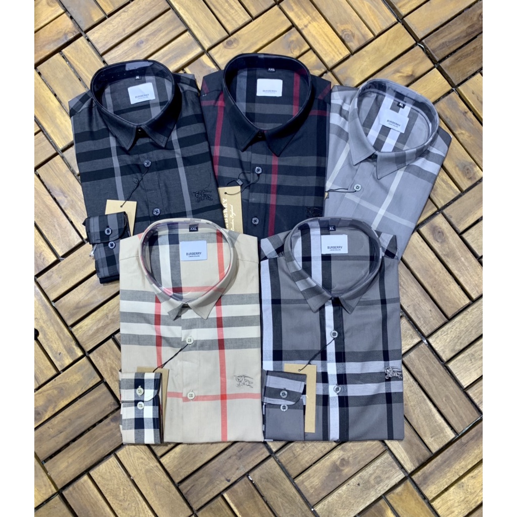 เสื้อเชิ้ตลายสก็อต bbr แขนยาวผ้าคอตตอนสุดเท่สีดําแถบเล็ก SMD01