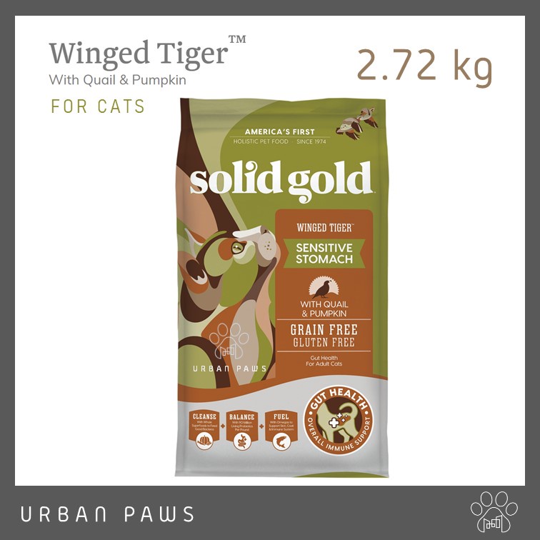 อาหารแมว Solid Gold - Winged Tiger สูตรนกกระทาและฟักทอง สำหรับแมวโต สูงวัย และแมวทำหมัน ขนาด 2.72 kg.