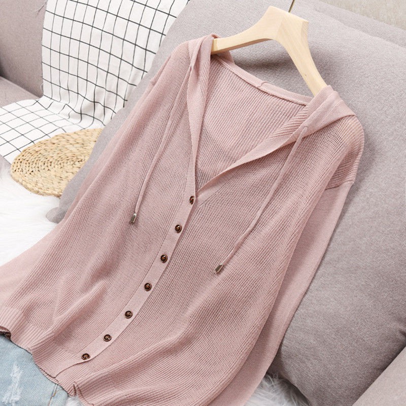 เสื้อคาร์ดิแกน ผ้าถัก แบบบาง มีฮู้ด สําหรับผู้หญิง