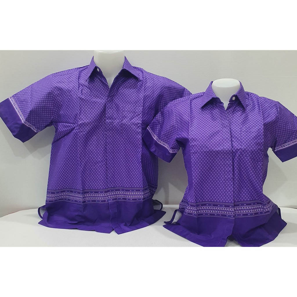 เสื้อลายไทยคอเชิ้ต - สีม่วง ลายสุโขทัย ผู้ชาย/ผู้หญิง