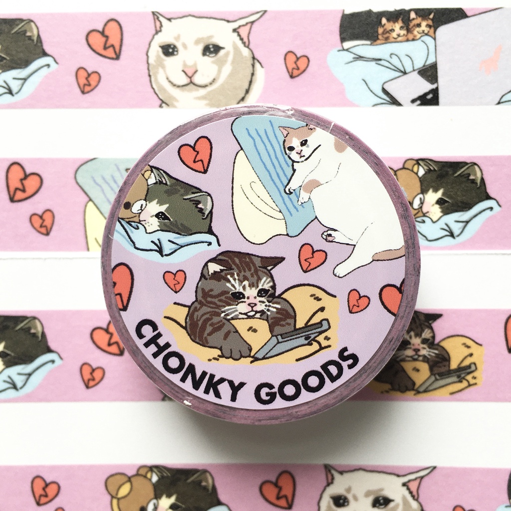 Sad Cat Meme Washi Tape เทปกาว วาชิเทป มาสกิ้งเทปน่ารัก ลายมีม แมว cute pink cat meme washi tape, cat masking tape