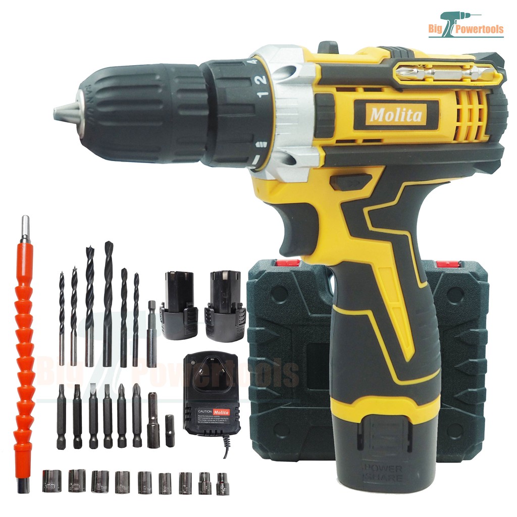 MOLITA สว่านไร้สาย99V 2 ระบบ แบตเตอรี่  อย่างดี 2 ก้อน รุ่นใหม่ พร้อม ดอกสว่าน และอุปกรณ์รวม 32ชิ้น 