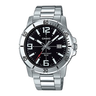 CASIO Standard รุ่น MTP-VD01D-1BUVDF สายสแตนเลส สีเงิน หน้าปัดดำ สินค้าใหม่ ของเเท้ รับประกันศูนย์ CMG