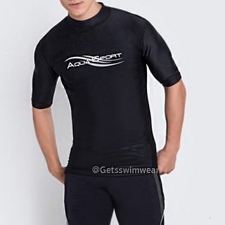 ถูกและดี เสื้อว่ายน้ำแขนสั้นกันยูวีสีดำ สกรีนAqua sport รุ่น 14649