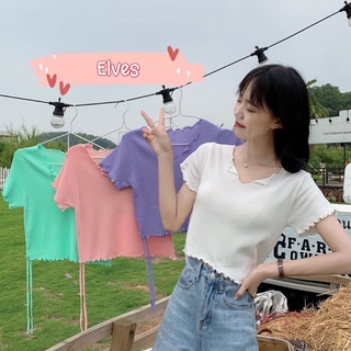 Elves✨พร้อมส่ง✨ เสื้อไหมพรมแขนสั้นดีเทลรูดข้าง ขอบเสื้อหยักเล็กน้อยน่ารัก ~ 3123 ~