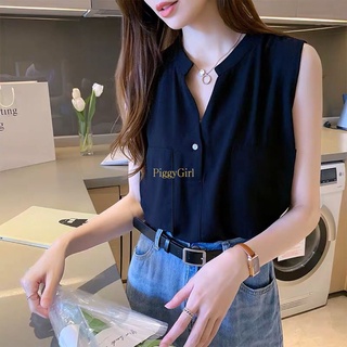 Piggygirl เสื้อเชิ้ตแขนกุด สีขาว ออกแบบใหม่ สําหรับผู้หญิง 2022