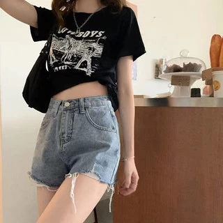 Swan shop แฟชั่นกางเกงยีนส์ขาสั้นเอวสูง ทรงสวยเข้ารูป ปลายรุ่ยขาดขาเล็กน้อย ผ้ายีนส์แท้ สั้นสวมใส่สบาย