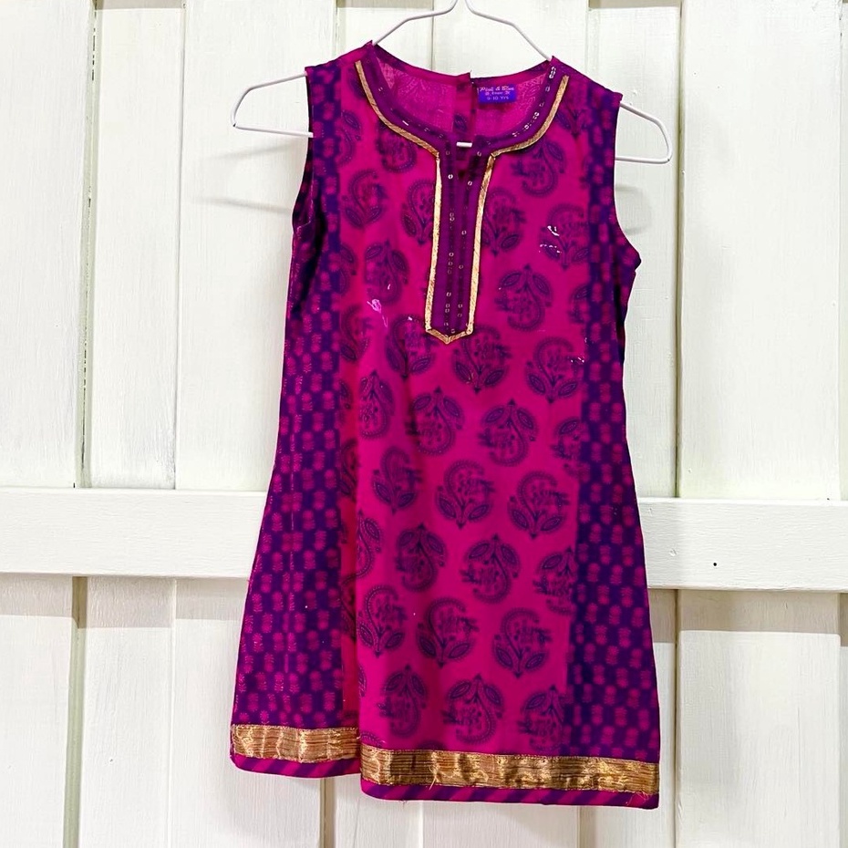 เสื้อผ้าเด็กหญิง สไตล์อินเดีย/ Pink and Blue/ ไซส์ 9-10 ปี/ Kurta/ ชุดเด็ก/ อินเดียแท้/ สินค้ามือสอง
