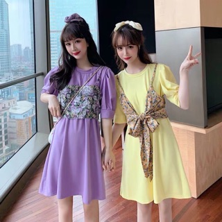 ชุดเซ็ต2ชิ้น มินิเดรสแขนดอลลี่มัดโบว์ลายดอกไม้