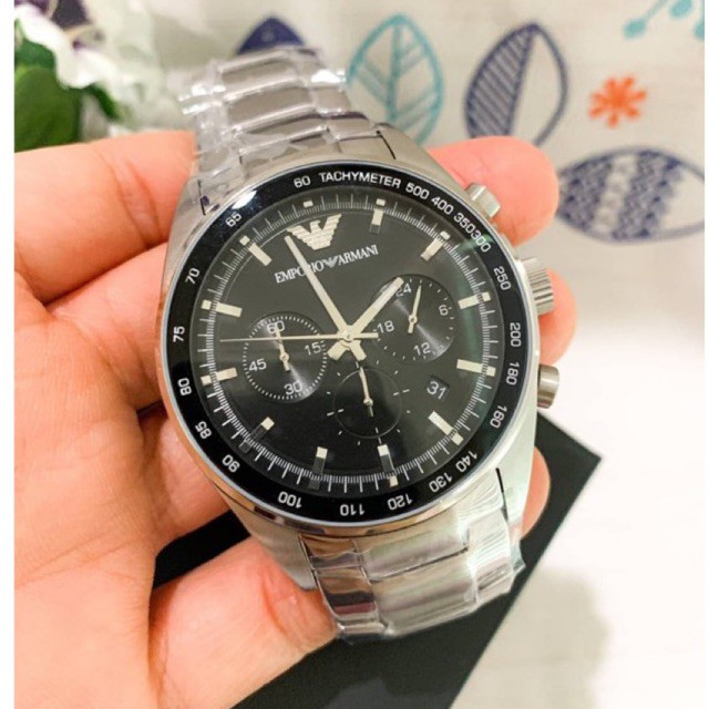 (ผ่อน0%) นาฬิกาผู้ชาย 🍁Emporio Armani🍁 🍁Men's Chronograph Stainless Steel Watch สายเหล็ก สีเงิน หน้าปัดดำ ขนาด 43 mm