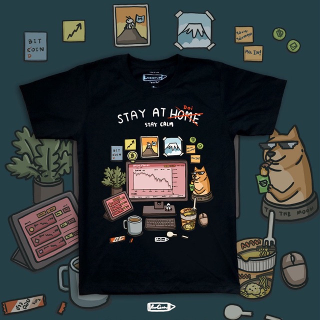 " Stay at Doi , stay calm " เสื้อยืดคุณภาพ สีดำ remium cotton100 comp ลายเล่นหุ้นบนดอย