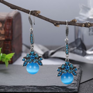 New Luxury Boutique Rhinestone Blue Opal Dangle Earrings For Women Bride Wedding Jewelry Fashion Cat Eye Stone Statement Earrings