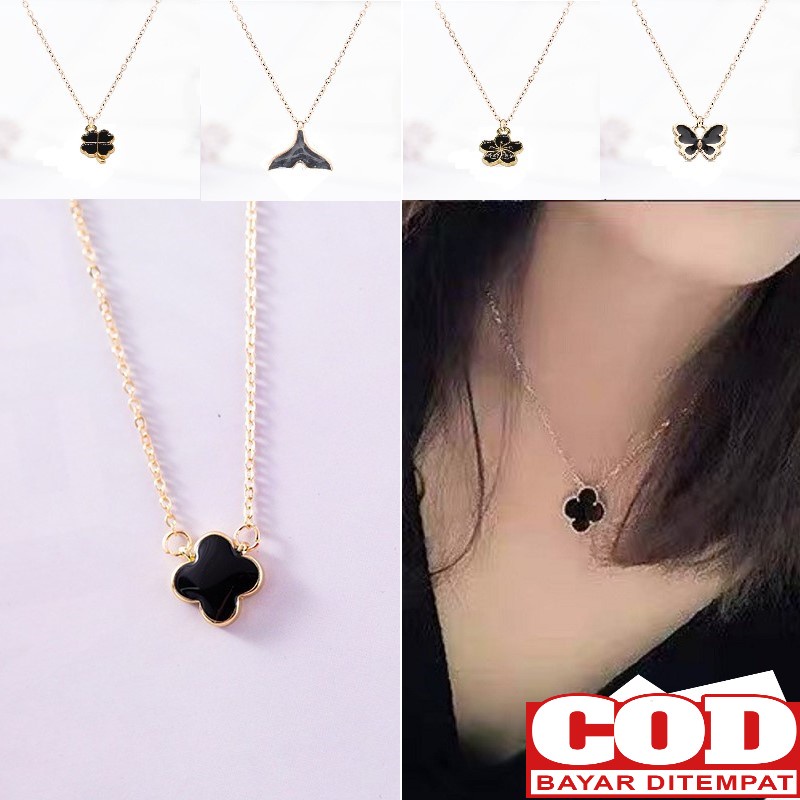 Hitam เด็กสร้อยคอ/สั้น HIJAB สร้อยคอ ENAMEL EPOXY จี้ CLOVER หางผีเสื้อสีดําทองสี/อุปกรณ์เสริม