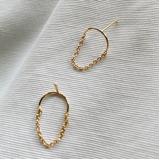 Semi Circle Chain Studs, 18K Gold Plated Sterling Silver Earrings E0035 | เงินแท้ 925 ชุบทองเเท้ 18 กะรัต