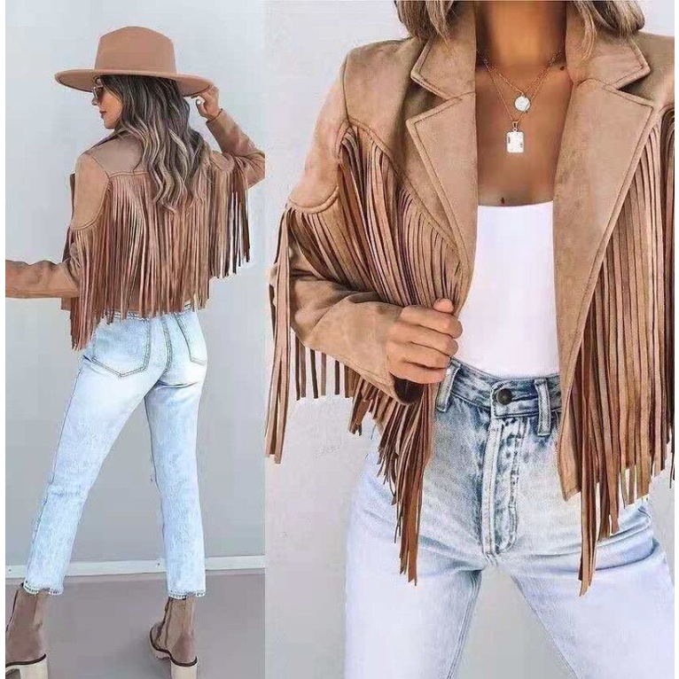 ผู้หญิง Fringe Faux Suede หนังแจ็คเก็ต Tassels แจ็คเก็ตสั้นเสื้อแขนยาวเสื้อสีทึบ