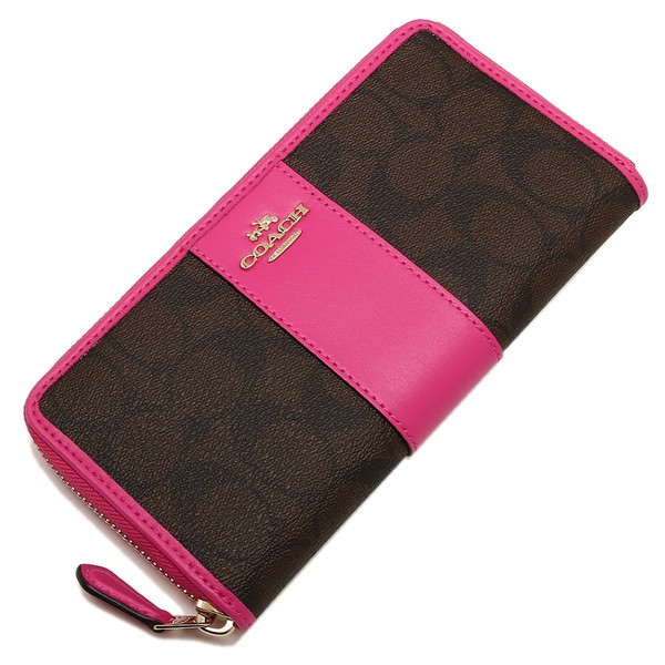 COACH F54630 ( BROWN/BRIGHT FUCHSIA) ACCORDION ZIP WALLET IN SIGNATURE COATED CANVAS WITH LEATHER STRIPE IMITATION