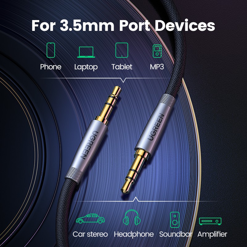 UGREEN HiFi AUX สายเคเบิล 3.5 มม. ลําโพงเสียง สําหรับกีตาร์ ชุบเงิน สายถัก สายเสริม หูฟังรถยนต์