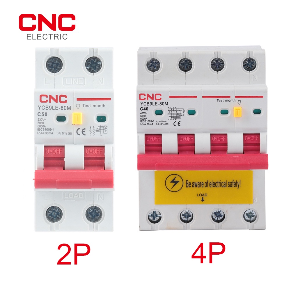 Cnc YCB9LE-80M เบรกเกอร์วงจร 2P/4P 230V RCBO MCB 30mA ป้องกันกระแสไฟเกินและการรั่วไหล 6-63A