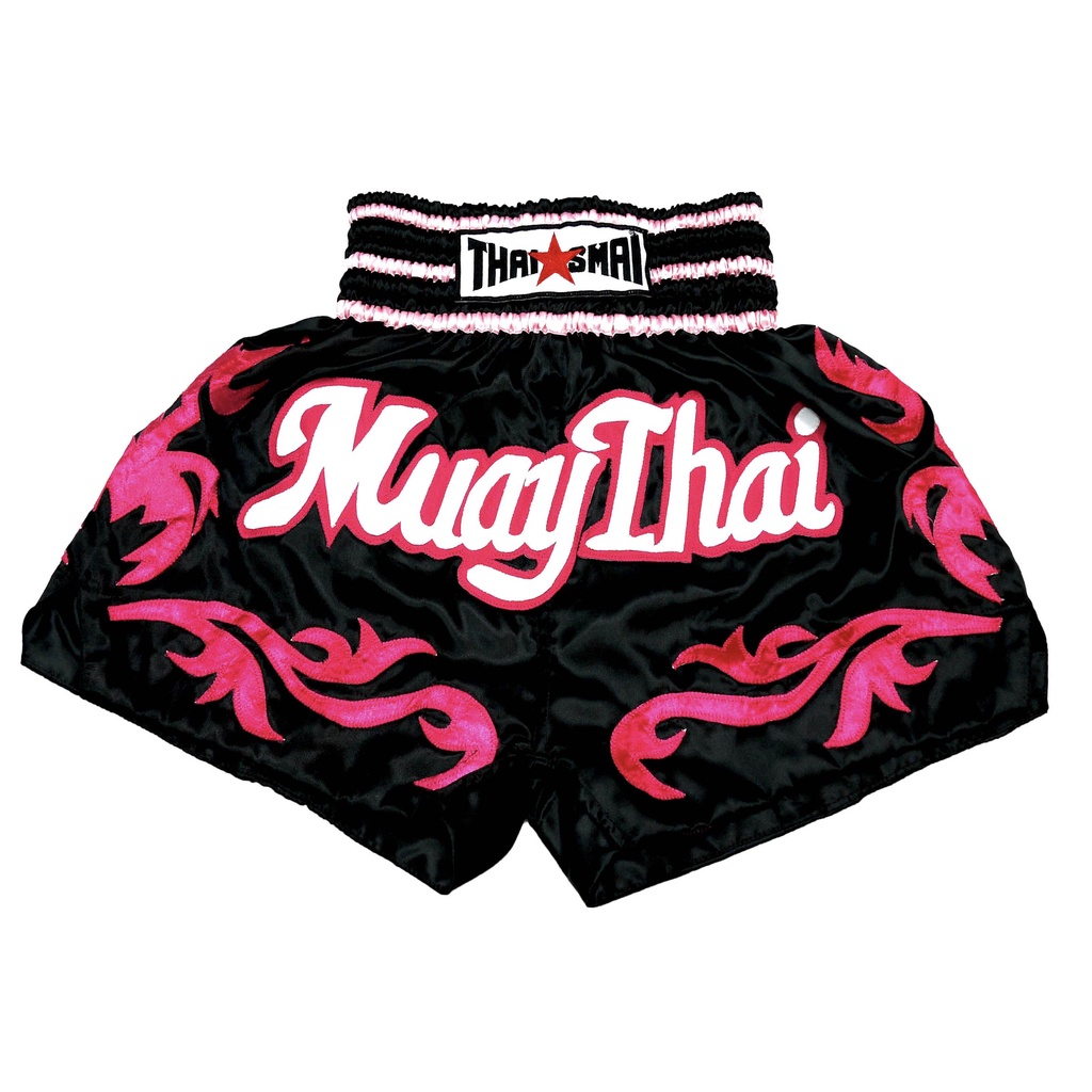 THAISMAI BS1154-1 กางเกงมวยไทย ผ้าต่วนดำ ปักมวยไทย THAI BOXING SHORTS BLACK SATIN MUAYTHAI