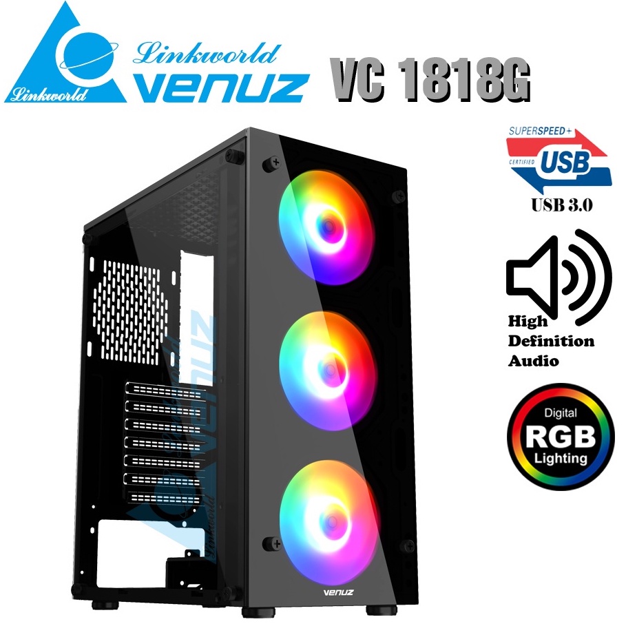 CASE (เคสเกมมิ่ง) VENUZ ATX Computer Case VC1818G RGB Tempered Glass พัดลม RGB 3 ตัว