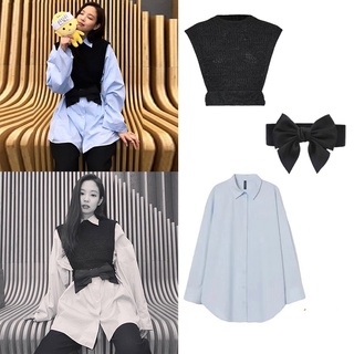 blackpink jennie เสื้อเชิ้ตแขนยาว ผ้าถัก ทรงหลวม แต่งโบว์ สีดํา สีฟ้า