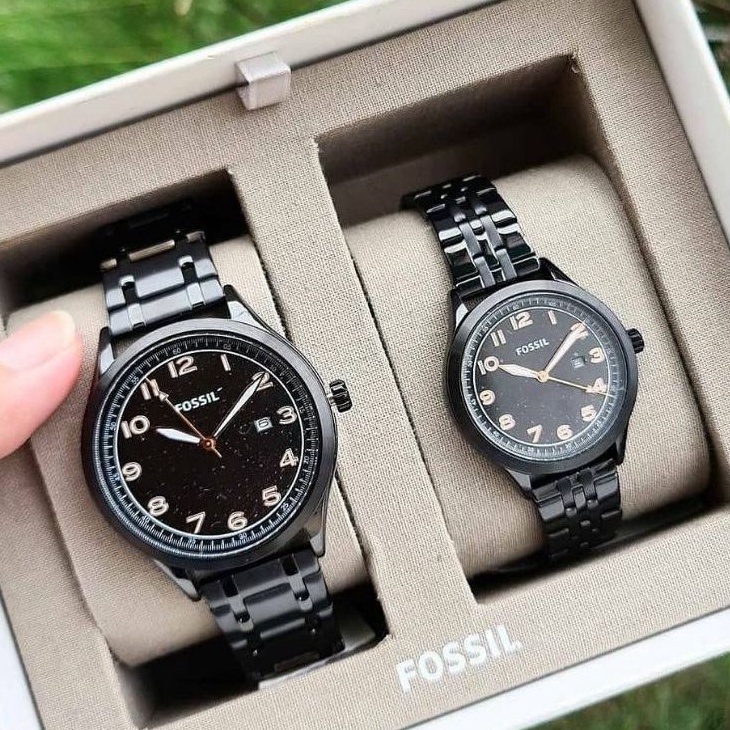 🎀 (สด-ผ่อน) นาฬิกาคู่ สีดำ Fossil BQ2471SET Fossil His and Her Wylie Three-Hand Black Stainless Steel Watch Box Set