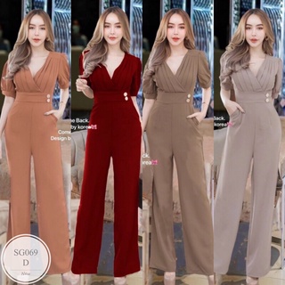 SG069 จั้มสูทขายาว ช่วงอกจับจีบอกป้าย ทรงแขนพอง ช่วงเอวแต่งกระดุม