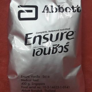 นมเอนชัวร์(ENSURE)​กลิ่นวานิลลา​แบบถุงชนิดเติมขนาด400g.​1​ถุง(ไม่แนะนำผู้ป่วยโรคเบาหวาน)​อย10-3-14623-1-0141​