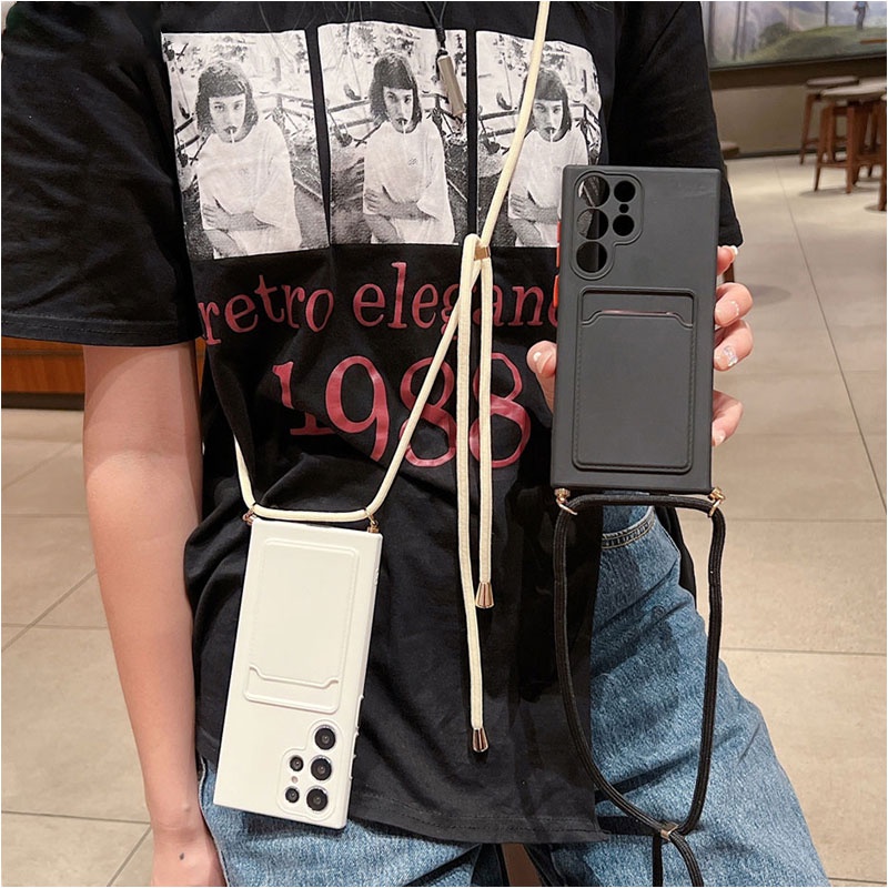 Card Wallet Holder Case Samsung S25 Ultra Plus S24 FE S23 S21 S20 FE Crossbody Necklace Lanyard Silicone Matte Phone Case for Galaxy A06 A16 Hanging Rope Soft Cover
