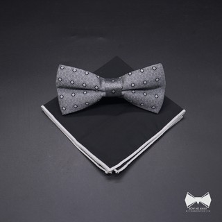 เซ็ทโบว์ไทเทาลายจุด+ผ้าเช็ดหน้าสูท - Grey Bowtie + Pocket Square