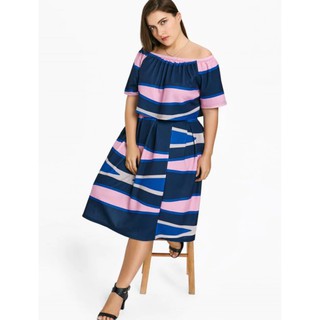 โล๊ะสต๊อค ขาดทุน งานแบรนด์ ชุดเซทปาดไหล่ สาวอวบ Zaful Plus Size Color Block Top With A Line Skirt ไซส์ 2XL