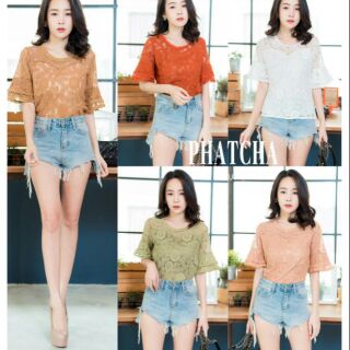 เสื้อลูกไม้แขนสั้นต่อปลายแขนระบายสองชั้นต่อเชิงรอบ