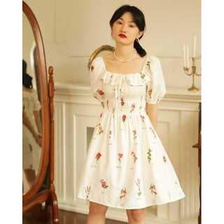 056 Sweet Peach : Botany Dress เดรสสั้นสีสีขาวลายวินเทจ