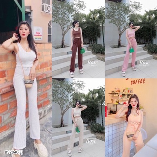 Fashion Set เสื้อครอปกางเกงขายาว เสื้อแขนกุด + กางเกงขายาว เอวสม้อกหลัง