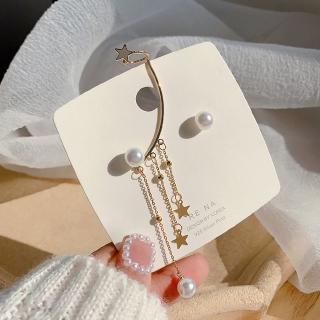 [COD] Girl Heart Ins Earrings Super Fairy Ear Bone Clip Long Temperament Asymmetric Pearl Integrated Star Tassel Earrings