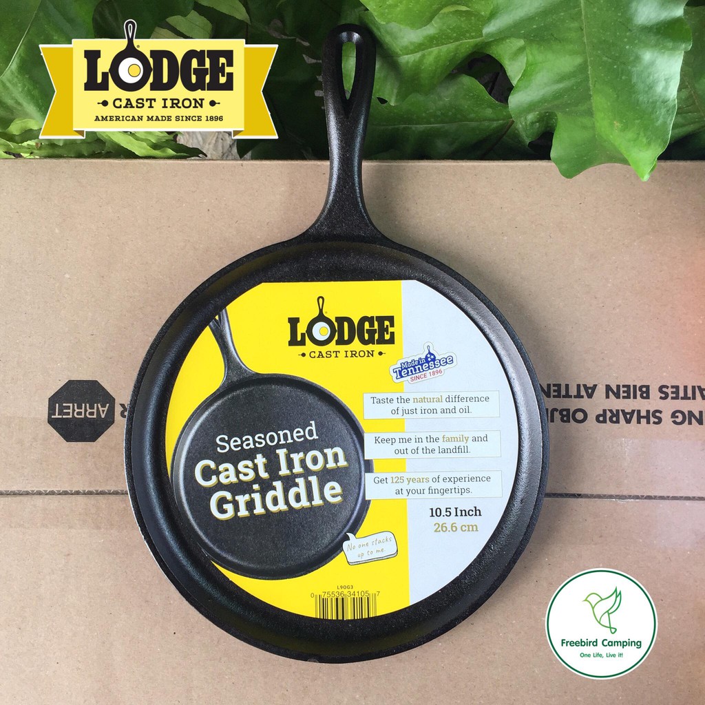 LODGE 10.5 inch Cast Iron Griddle L9OG3 กระทะย่างกลมเรียบ 10.5นิ้ว 26.7ซม.กระทะเหล็กหล่อ camping ten
